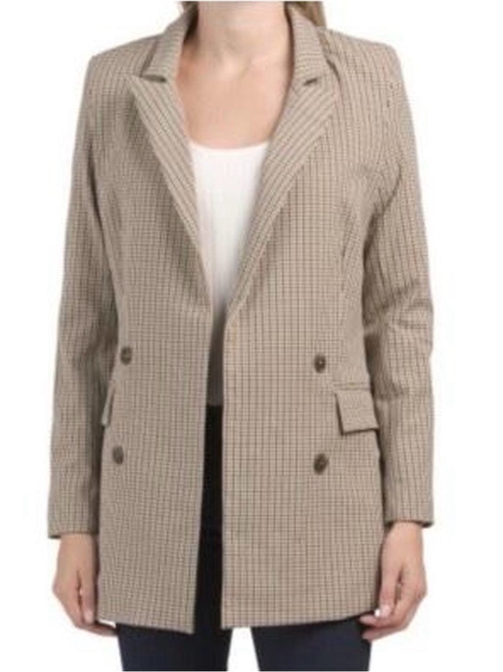 Rachel Zoe Beige Houndstooth Double-Breasted Blazer